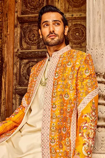 Orange open raw silk embroidered indo-western