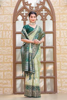 Green zari work pashmina silk blend latest heavy saree with blouse for party wear 4