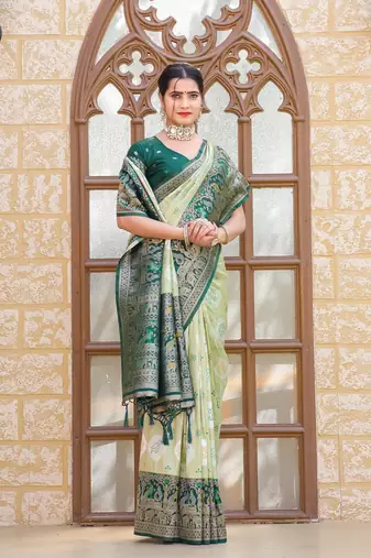 Green zari work pashmina silk blend latest heavy saree with blouse for party wear