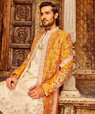 Orange open raw silk embroidered indo-western 3