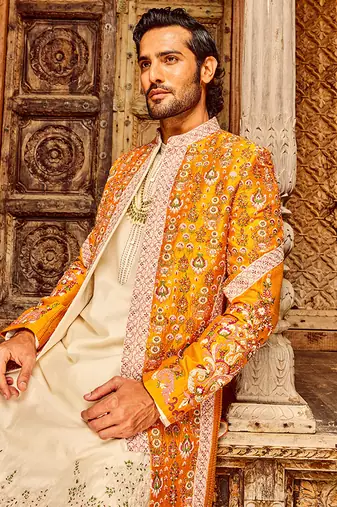 Orange open raw silk embroidered indo-western
