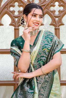 Green zari work pashmina silk blend latest heavy saree with blouse for party wear 5