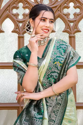 Green zari work pashmina silk blend latest heavy saree with blouse for party wear