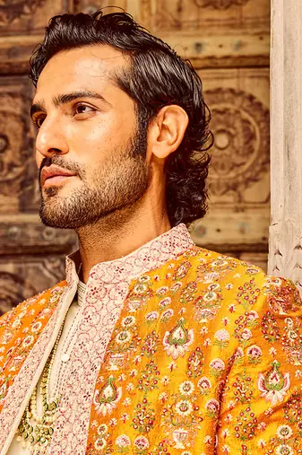 Orange open raw silk embroidered indo-western