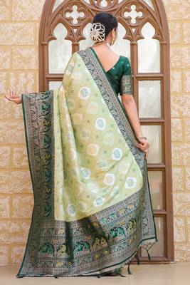 Green zari work pashmina silk blend latest heavy saree with blouse for party wear 6