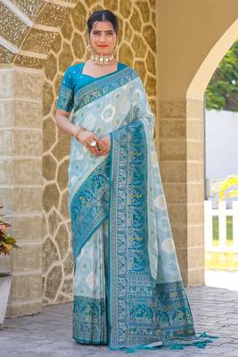 Blue zari work pashmina silk blend  heavy fancy saree with blouse for party wear 1