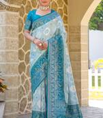Blue zari work pashmina silk blend  heavy fancy saree with blouse for party wear