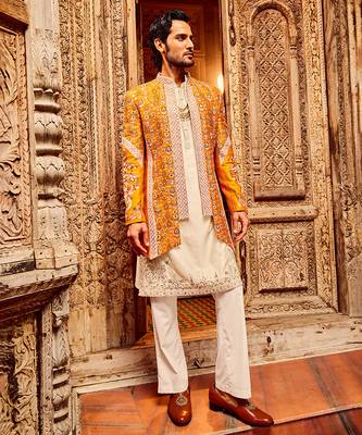 Orange open raw silk embroidered indo-western 5