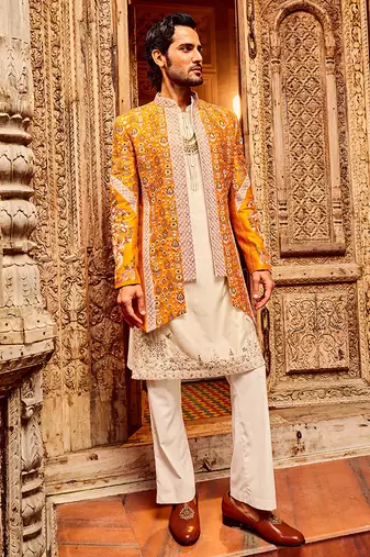 Orange open raw silk embroidered indo-western