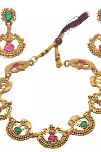 Fashion south indian gold plated multistone necklace set with dangle earrings women jewelry for every occasion