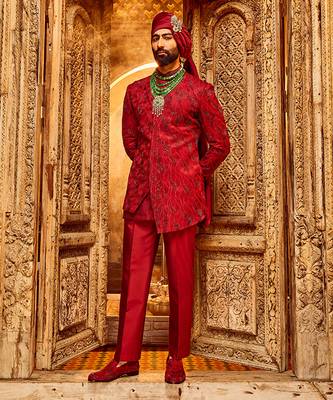 Deep red chanderi silk asymmetrical sherwani 1