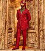 Deep red chanderi silk asymmetrical sherwani