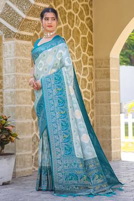 Blue zari work pashmina silk blend  heavy fancy saree with blouse for party wear 3