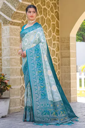 Blue zari work pashmina silk blend  heavy fancy saree with blouse for party wear
