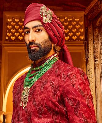 Deep red chanderi silk asymmetrical sherwani 2