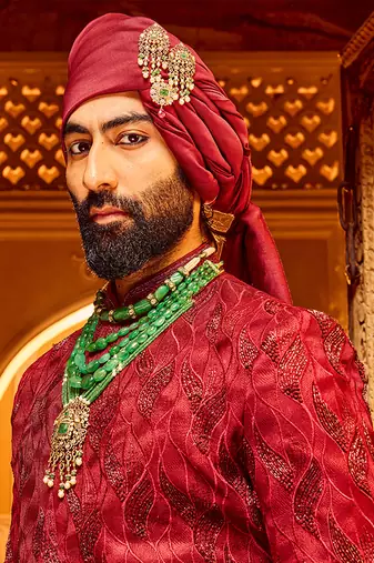 Deep red chanderi silk asymmetrical sherwani