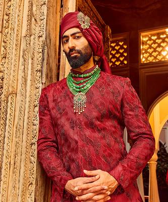 Deep red chanderi silk asymmetrical sherwani 3