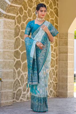 Blue zari work pashmina silk blend  heavy fancy saree with blouse for party wear 4