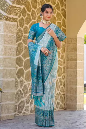 Blue zari work pashmina silk blend  heavy fancy saree with blouse for party wear