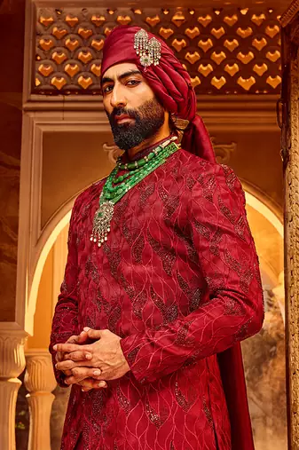 Deep red chanderi silk asymmetrical sherwani