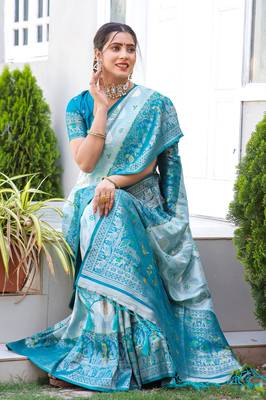Blue zari work pashmina silk blend  heavy fancy saree with blouse for party wear 5