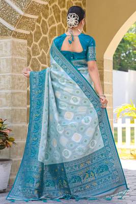 Blue zari work pashmina silk blend  heavy fancy saree with blouse for party wear 6