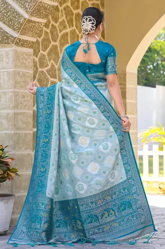 Blue zari work pashmina silk blend  heavy fancy saree with blouse for party wear