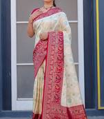 White  and red zari work pashmina silk blend heavy saree with blouse for party wear