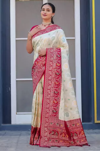White  and red zari work pashmina silk blend heavy saree with blouse for party wear