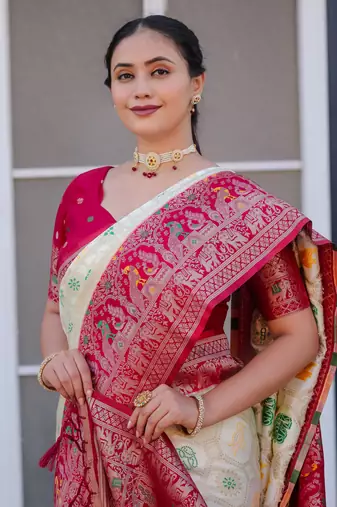 White  and red zari work pashmina silk blend heavy saree with blouse for party wear