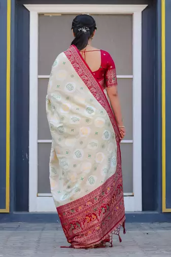White  and red zari work pashmina silk blend heavy saree with blouse for party wear