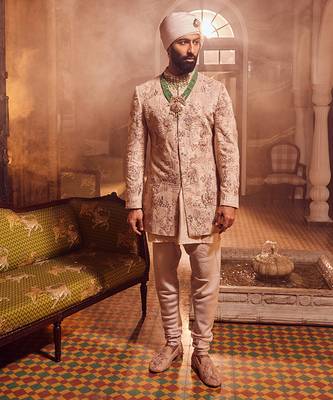 Salmon pink velvet embroidered bandhgala 1
