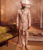 Salmon pink velvet embroidered bandhgala