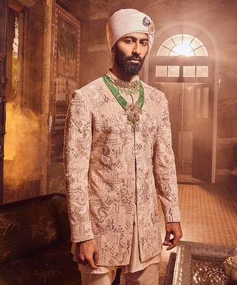 Salmon pink velvet embroidered bandhgala 2