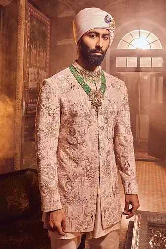 Salmon pink velvet embroidered bandhgala