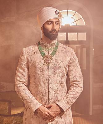Salmon pink velvet embroidered bandhgala 3