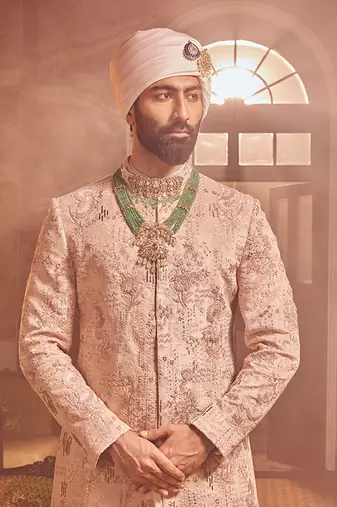 Salmon pink velvet embroidered bandhgala