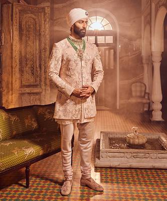 Salmon pink velvet embroidered bandhgala 4