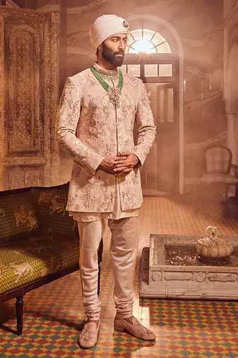 Salmon pink velvet embroidered bandhgala