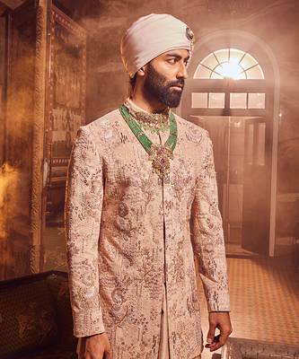 Salmon pink velvet embroidered bandhgala 5