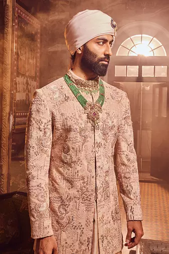 Salmon pink velvet embroidered bandhgala