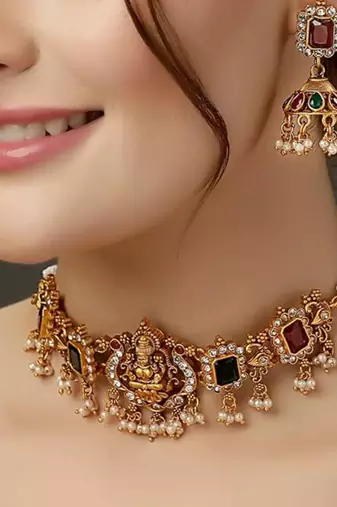 Fashion south indian goddess laxmi gold plated peacock design temple necklace with earrings for women jewellery