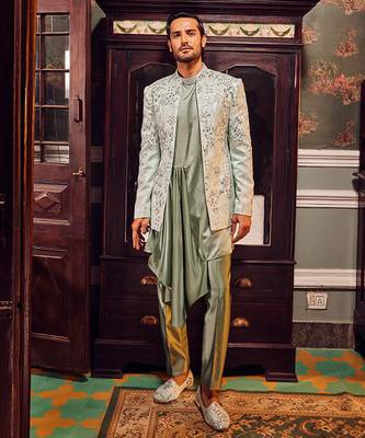 Sage open jaquard embroidered bandhgala set 1