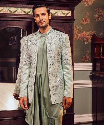 Sage open jaquard embroidered bandhgala set 2