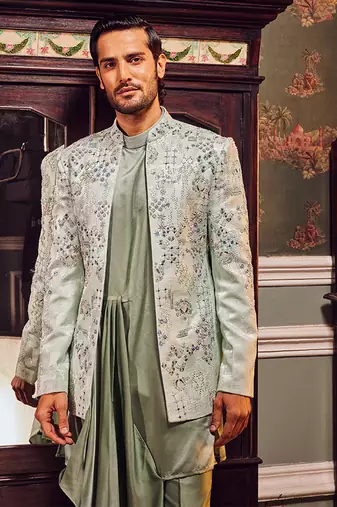 Sage open jaquard embroidered bandhgala set