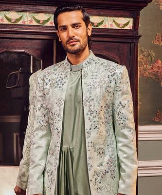 Sage open jaquard embroidered bandhgala set 3