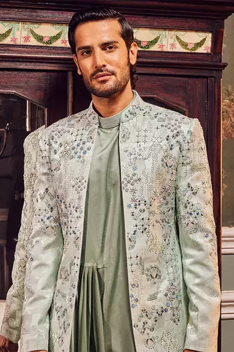 Sage open jaquard embroidered bandhgala set