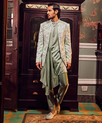 Sage open jaquard embroidered bandhgala set 4
