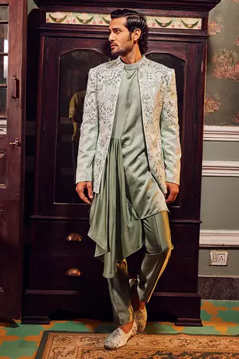 Sage open jaquard embroidered bandhgala set