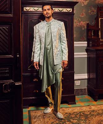 Sage open jaquard embroidered bandhgala set 5